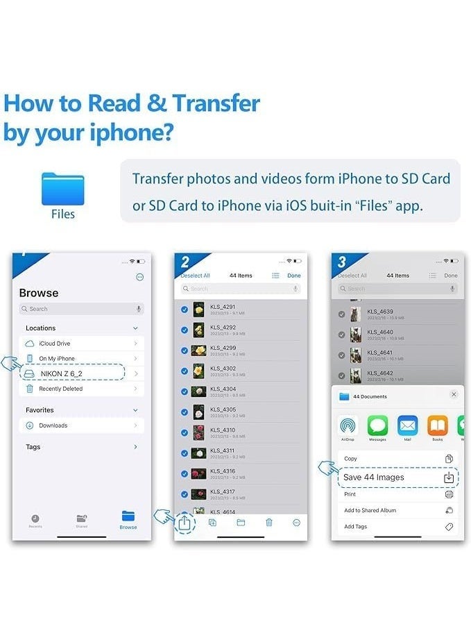 م.ا & ف'س قارئ بطاقات SD لأجهزة iPhone [معتمد من Apple MFi] محول بطاقات SD ثنائي الفتحات من USB-C Lightning إلى SD/Micro SD، متوافق مع iPhone 16 و15/iPad/Samsung/الكاميرات/SDHC/SDXC - Image 3